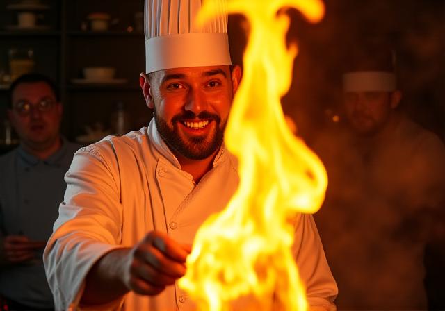 ゲストの前で肉をフランベするシェフ